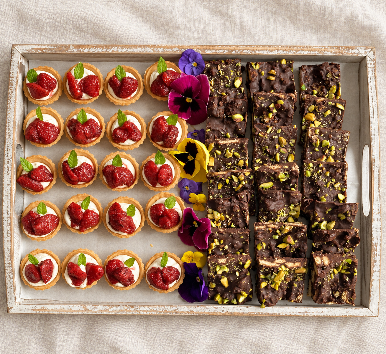 Strawberry tartlets and pistachio chocolate squares arranged on a serving tray