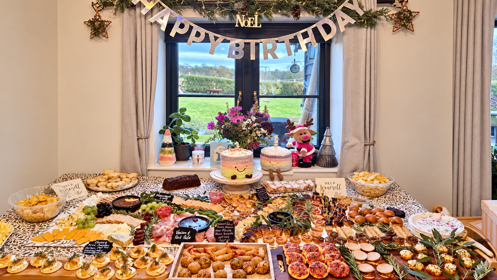 Birthday grazing table filled with handmade savouries, cheeses, pastries and cakes
